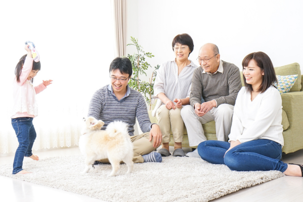 リビングで小型犬を囲む家族